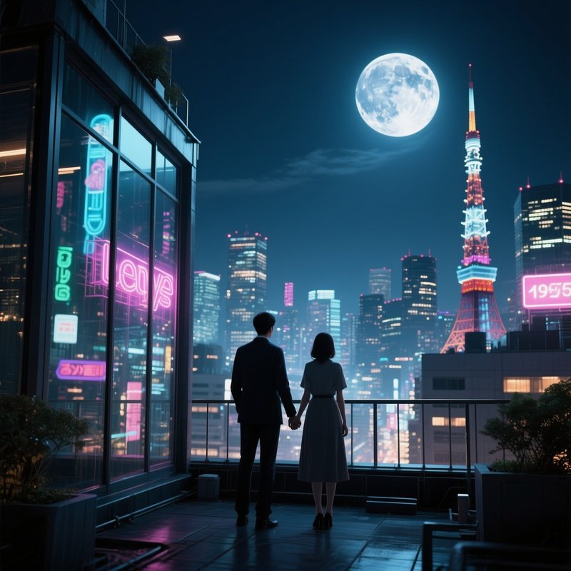 A Moonlit Rooftop In Tokyo With Neon Signage Reflecting Off Glass Windows, A Couple Holds Hands