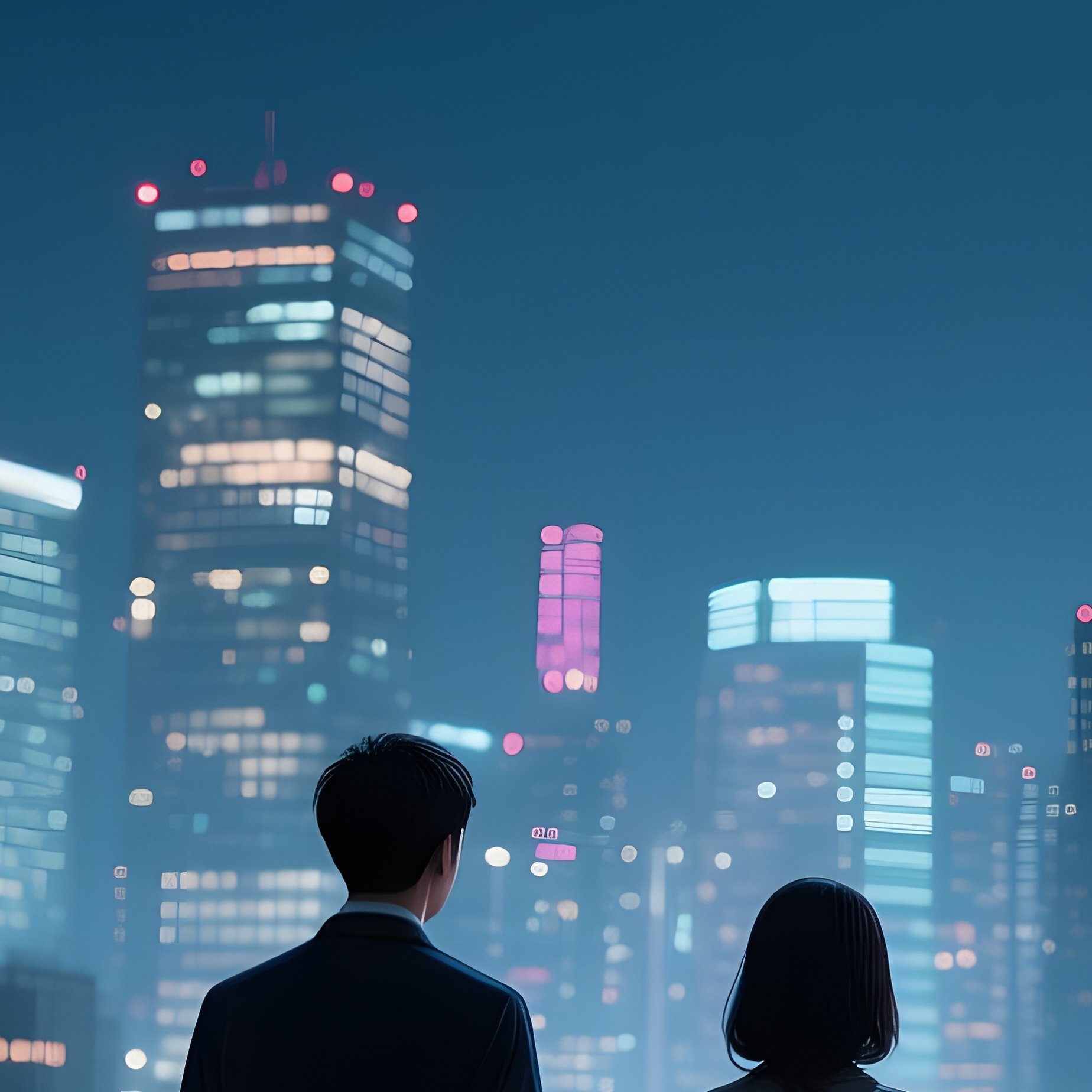 A Moonlit Rooftop In Tokyo With Neon Signage Reflecting Off Glass Windows, A Couple Holds Hands - Full Resolution Quality Preview