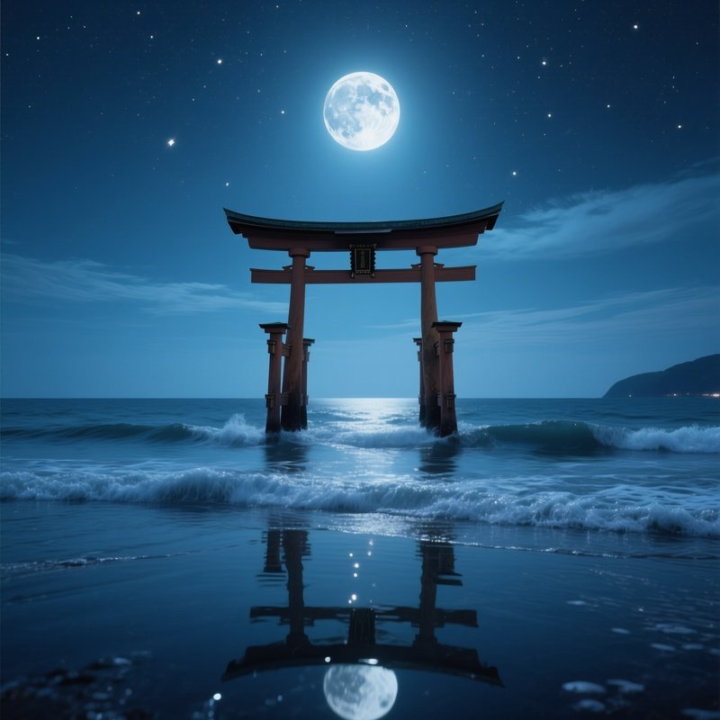 A Moonlit Scene Of A Japanese Torii Gate Standing In Shallow Sea, Waves Gently Lapping, Stars