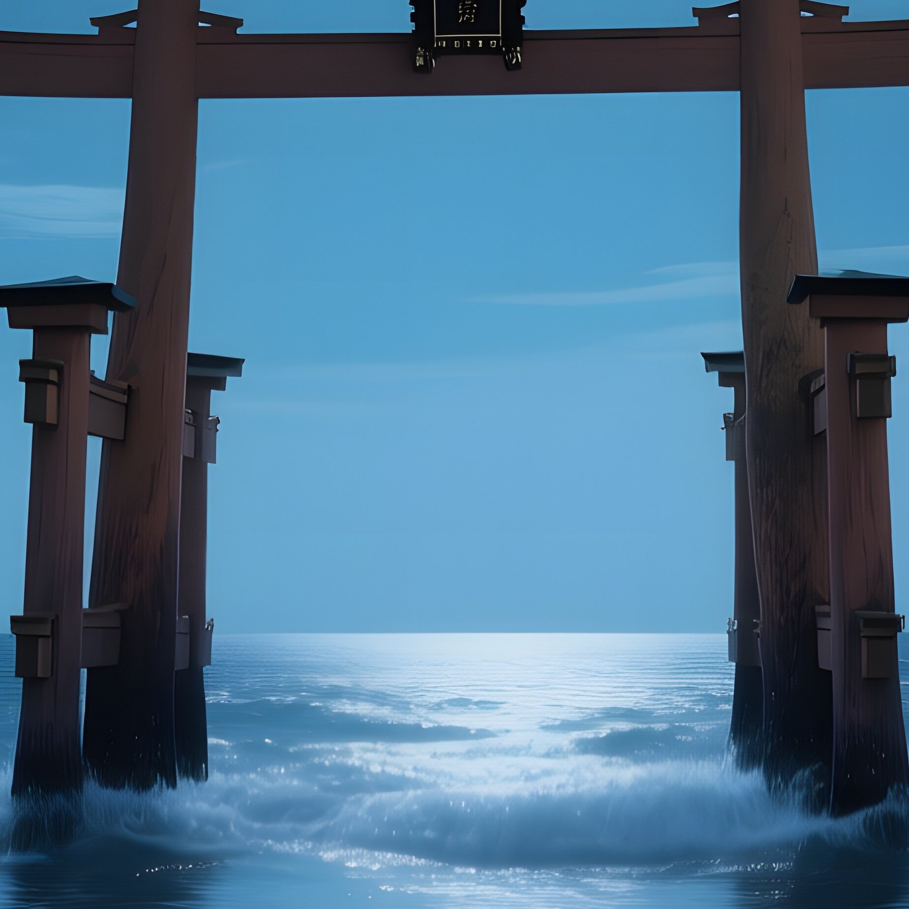 A Moonlit Scene Of A Japanese Torii Gate Standing In Shallow Sea, Waves Gently Lapping, Stars - Full Resolution Quality Preview