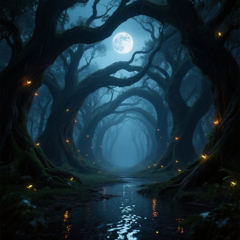 A Moonlit Scene Where Massive Twisted Trees Form A Natural Cathedral, Their Branches Interlaced To