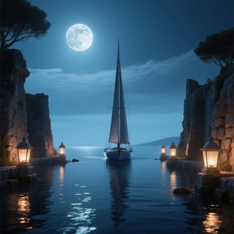 A Moonlit Sea Route Lined With Ancient Stone Lanterns, Their Soft Glow Guiding A Sleek Sailboat
