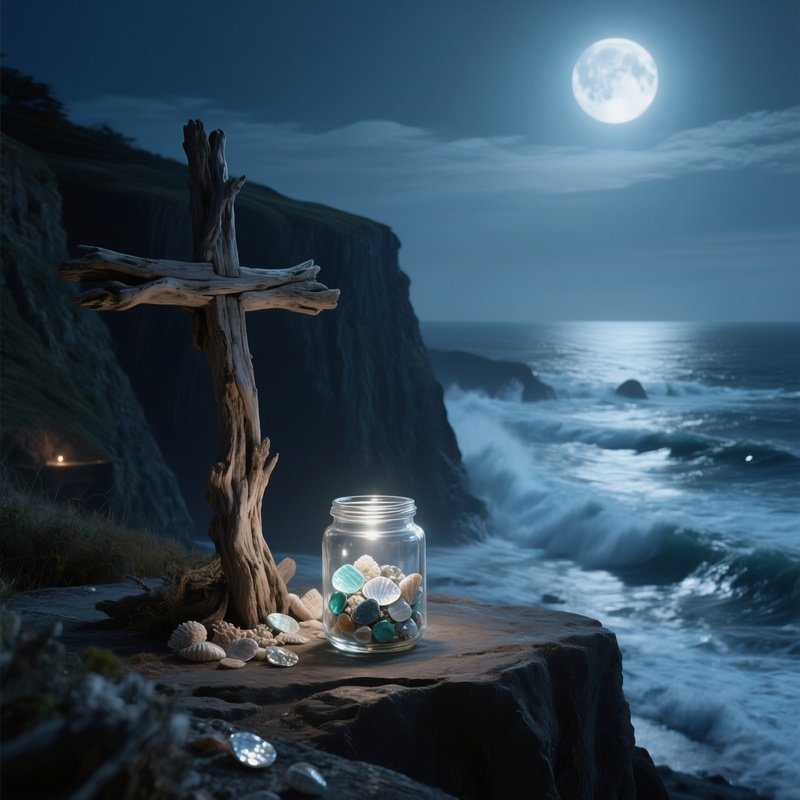 A Moonlit Seaside Cliff Altar With Waves Crashing Below, A Weathered Driftwood Cross, A Glass Jar