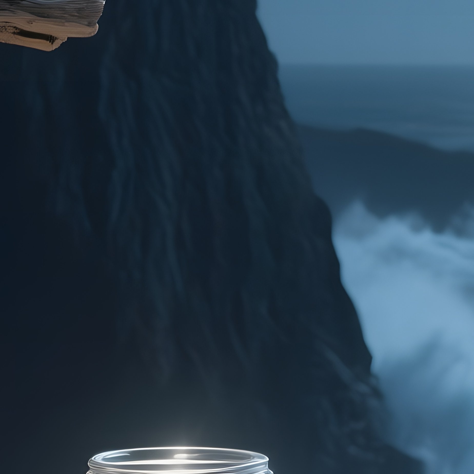 A Moonlit Seaside Cliff Altar With Waves Crashing Below, A Weathered Driftwood Cross, A Glass Jar - Full Resolution Quality Preview