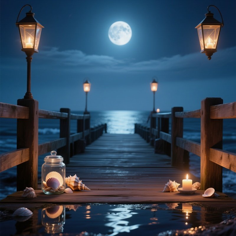 A Moonlit Seaside Pier Altar With Wooden Railings, Lanterns Swaying Gently, A Glass Jar Of