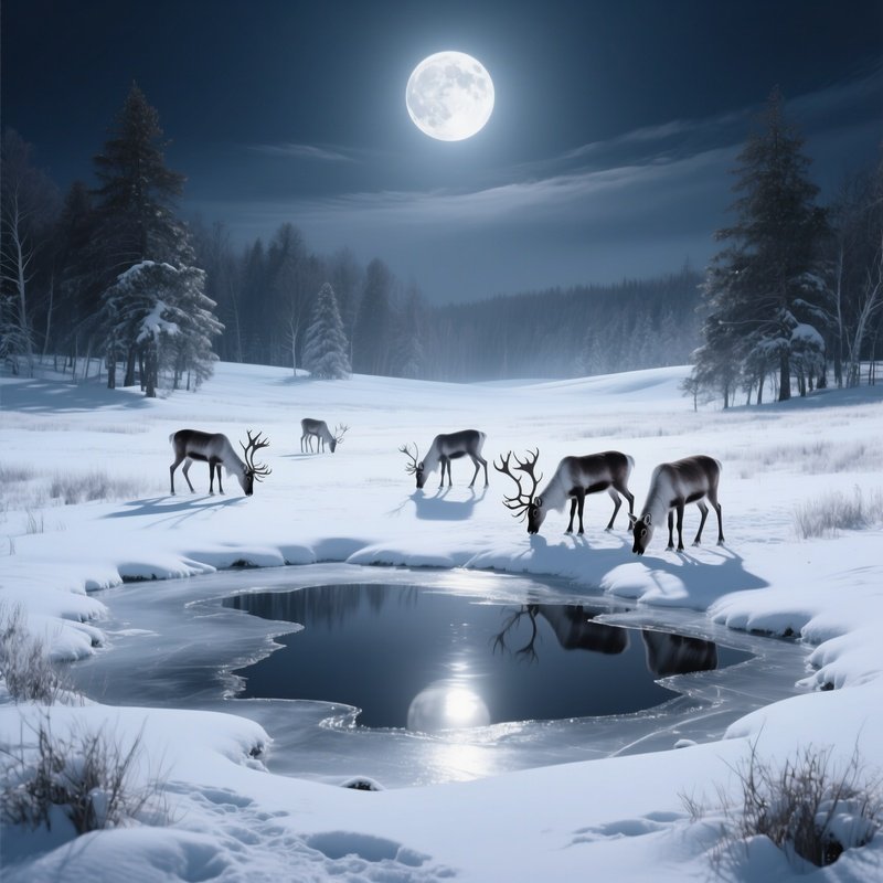 A Moonlit Snowy Meadow In Deep Winter, Silver Light Casting Long Shadows, Reindeers Grazing Near A