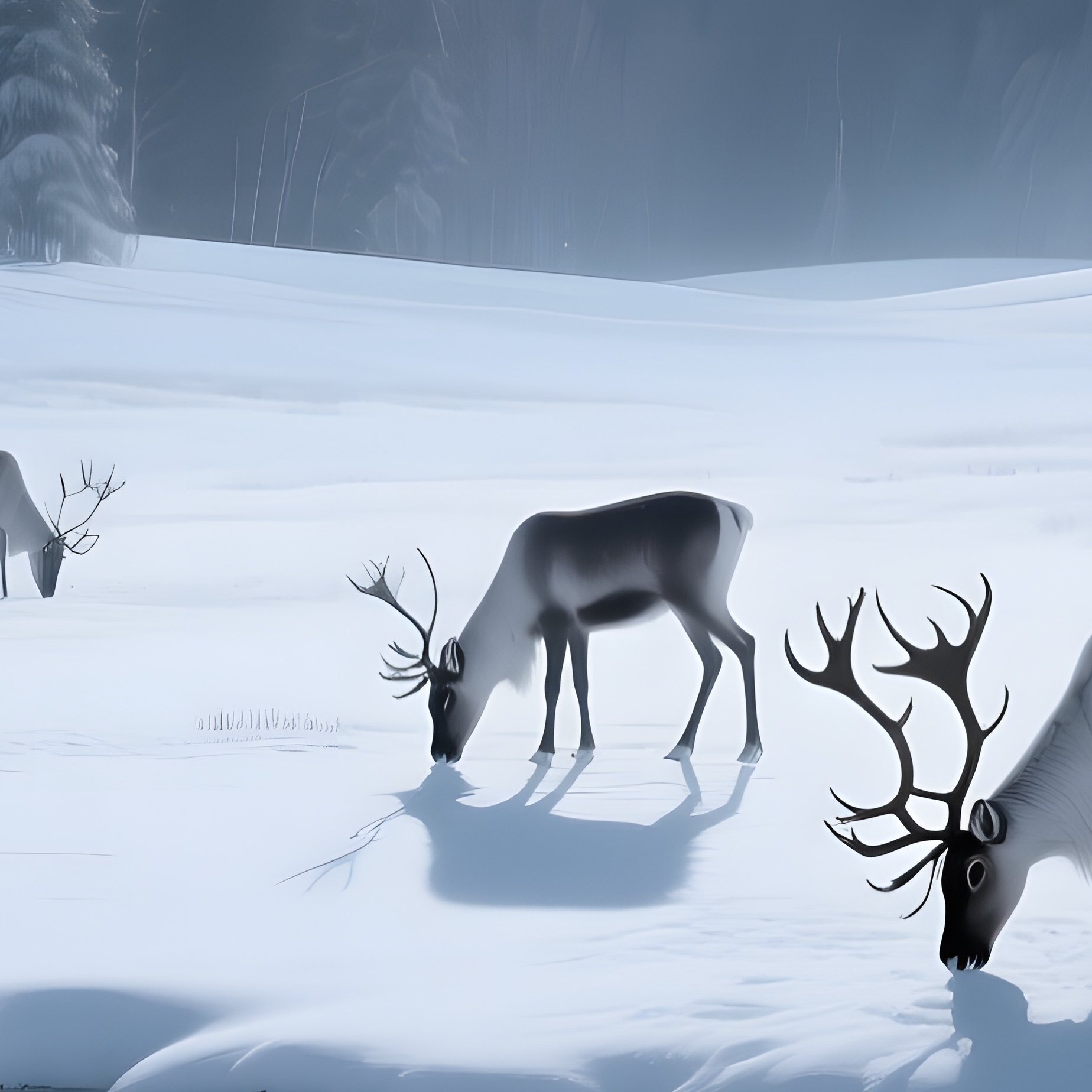 A Moonlit Snowy Meadow In Deep Winter, Silver Light Casting Long Shadows, Reindeers Grazing Near A - Full Resolution Quality Preview