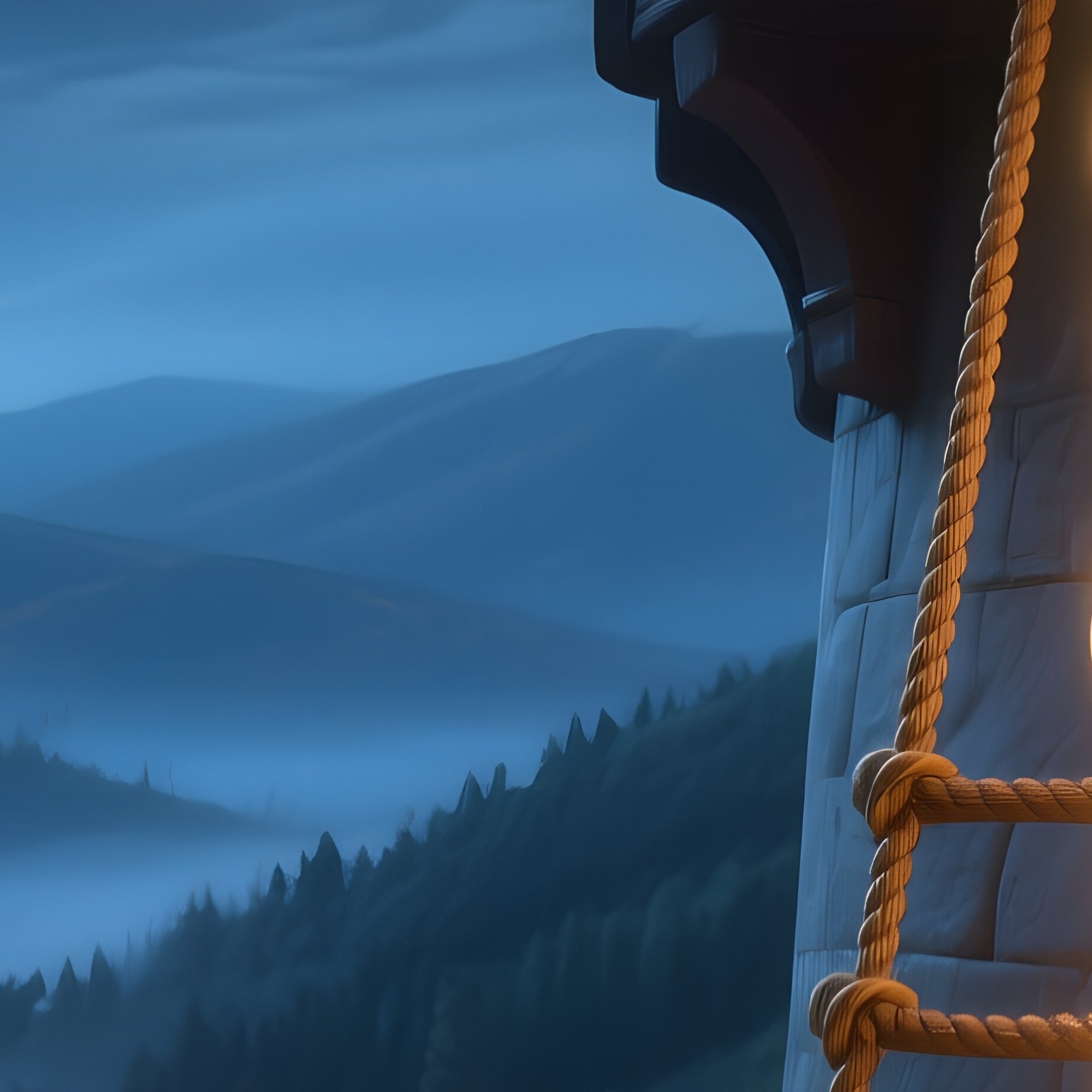 A Moonlit Tower Interior Where Rapunzel’S Braid Glows Like Molten Gold, A Rope Ladder Descending To - Full Resolution Quality Preview