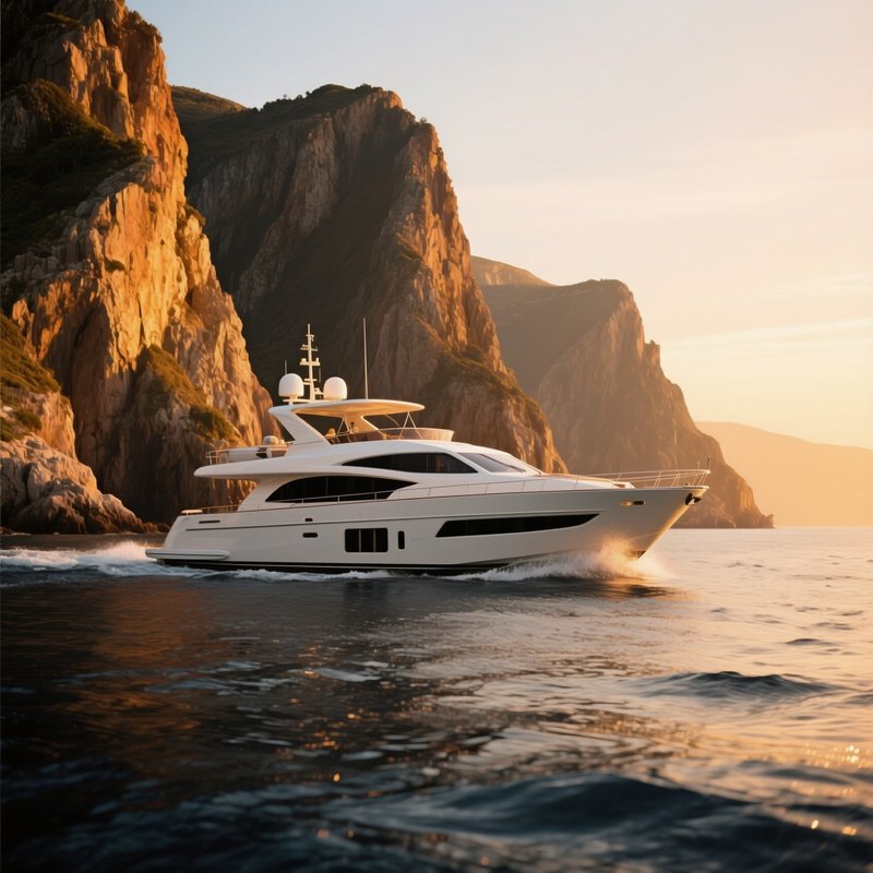 A Motor Yacht Cruising Past Rugged Cliffs In Golden Hour Light