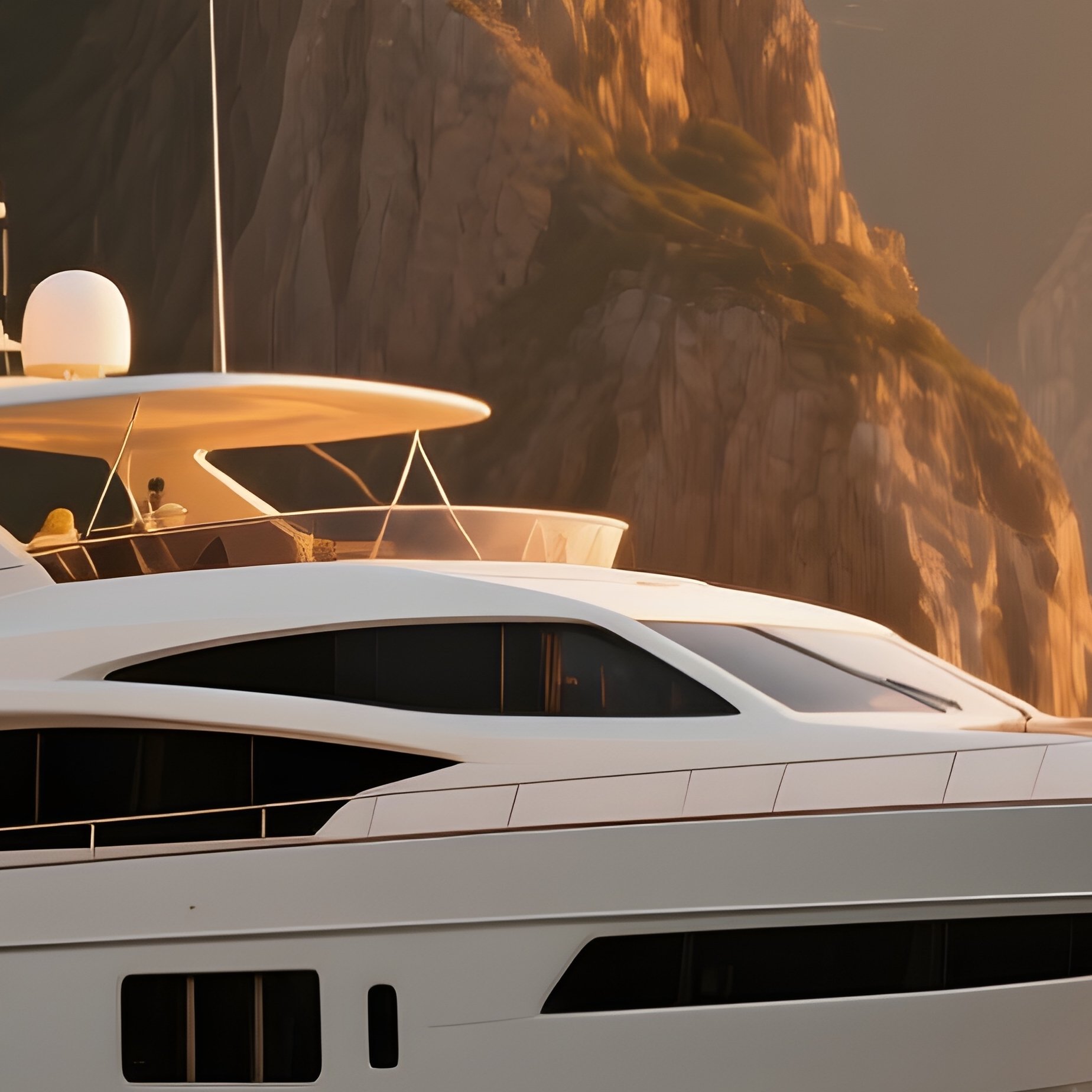 A Motor Yacht Cruising Past Rugged Cliffs In Golden Hour Light - Full Resolution Quality Preview