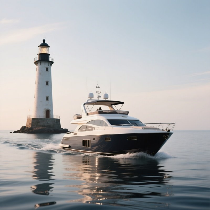 A Motor Yacht Passing A Lighthouse On Calm Seas