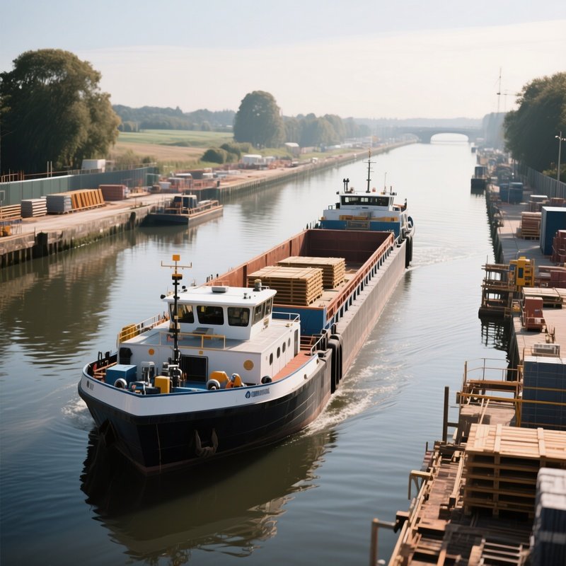 A Motorized Barge Delivering Construction Materials Along A Canal