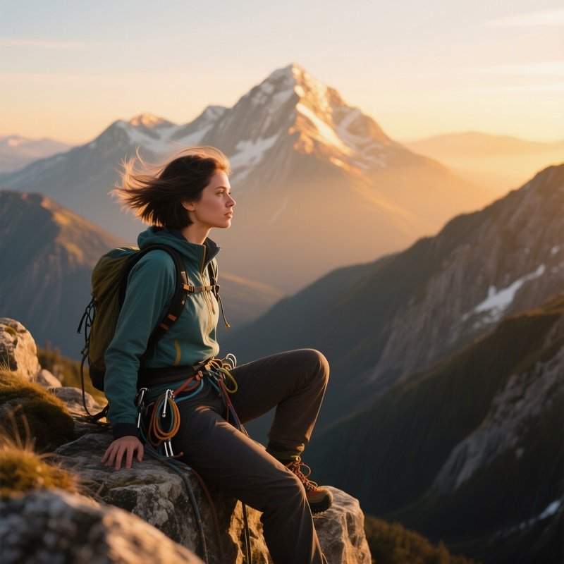 A Mountain Climber With A Short Practical Cut Rests On A Rocky Ledge At Golden Hour, Distant Peaks