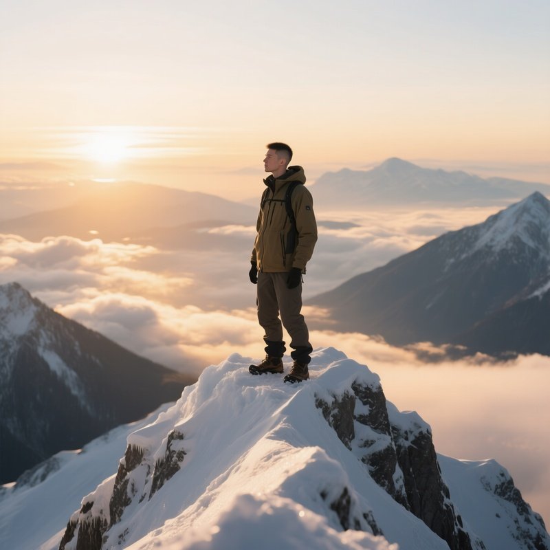 A Mountain Guide With A Practical Short Haircut Stands Atop A Snow‑Capped Peak At Sunrise, Clouds