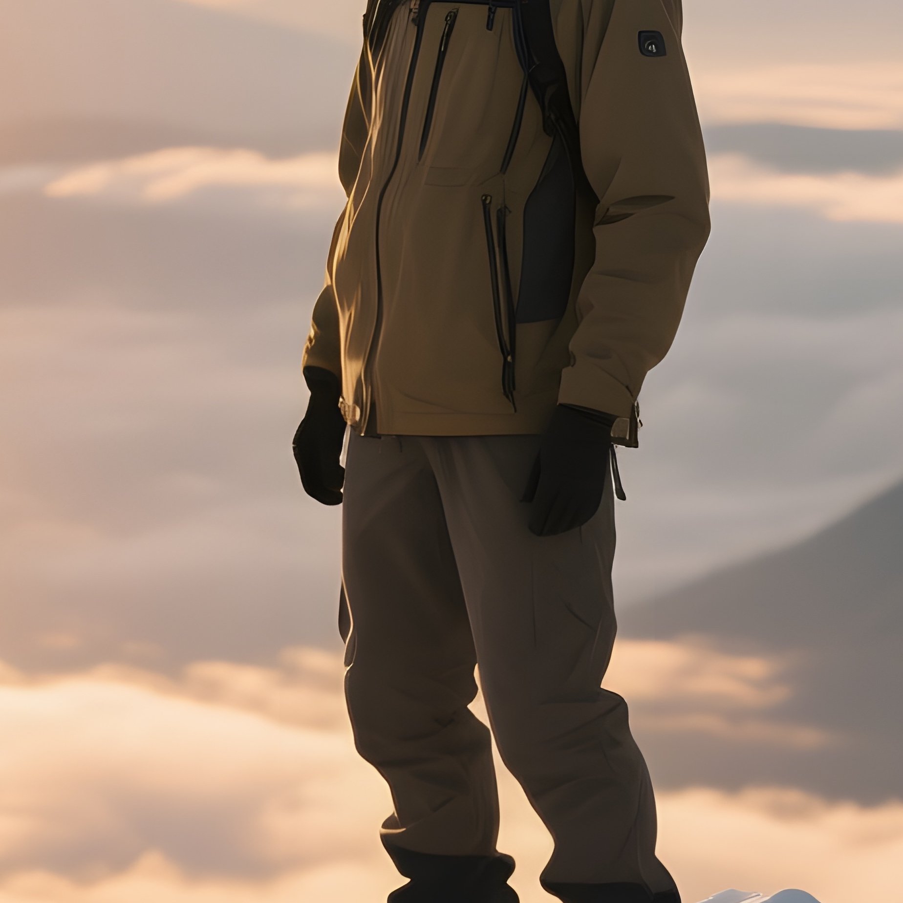 A Mountain Guide With A Practical Short Haircut Stands Atop A Snow‑Capped Peak At Sunrise, Clouds - Full Resolution Quality Preview
