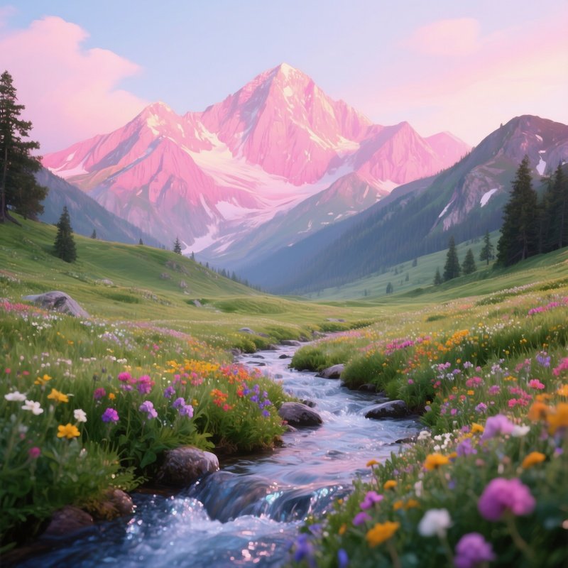 A Mountain Meadow In Midsummer, Alpenglow Painting Peaks Pink, Colorful Alpine Flowers, A Crystal