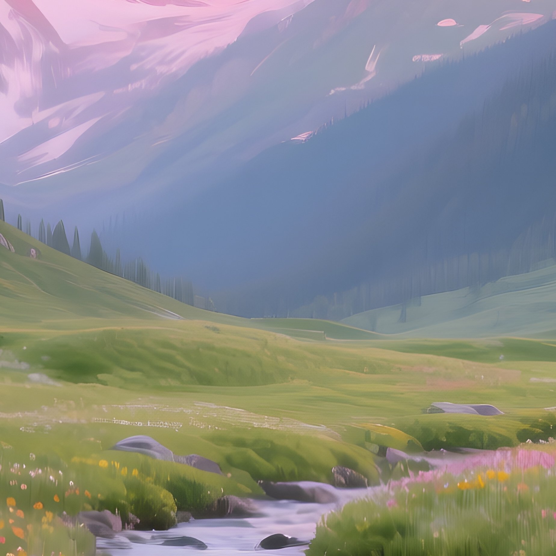 A Mountain Meadow In Midsummer, Alpenglow Painting Peaks Pink, Colorful Alpine Flowers, A Crystal - Full Resolution Quality Preview
