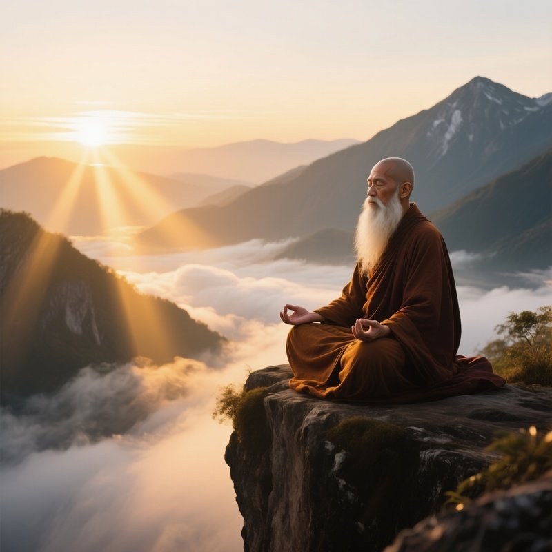 A Mountain Monk With A Long White Beard Meditates Atop A Cliff At Sunrise, Clouds Swirling Below