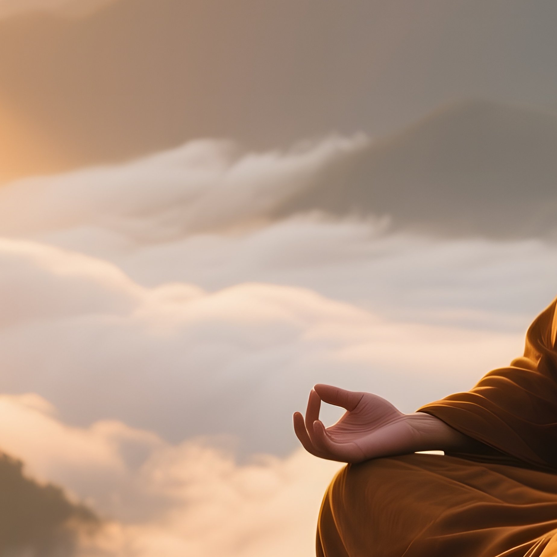 A Mountain Monk With A Long White Beard Meditates Atop A Cliff At Sunrise, Clouds Swirling Below - Full Resolution Quality Preview