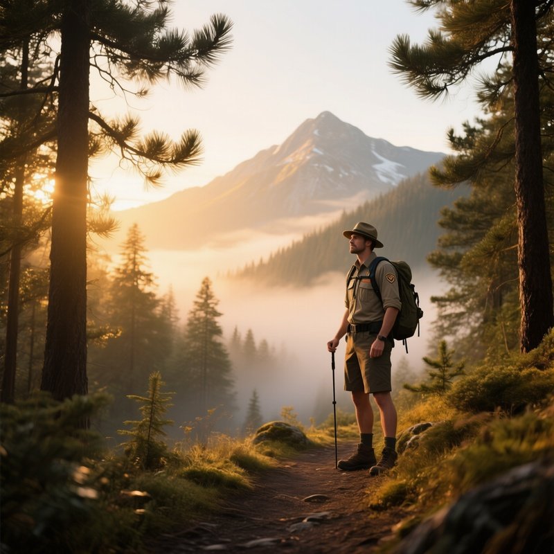 A Mountain Ranger With A Practical Short Cut Stands Beside A Pine Forest Trail At Sunrise, Mist