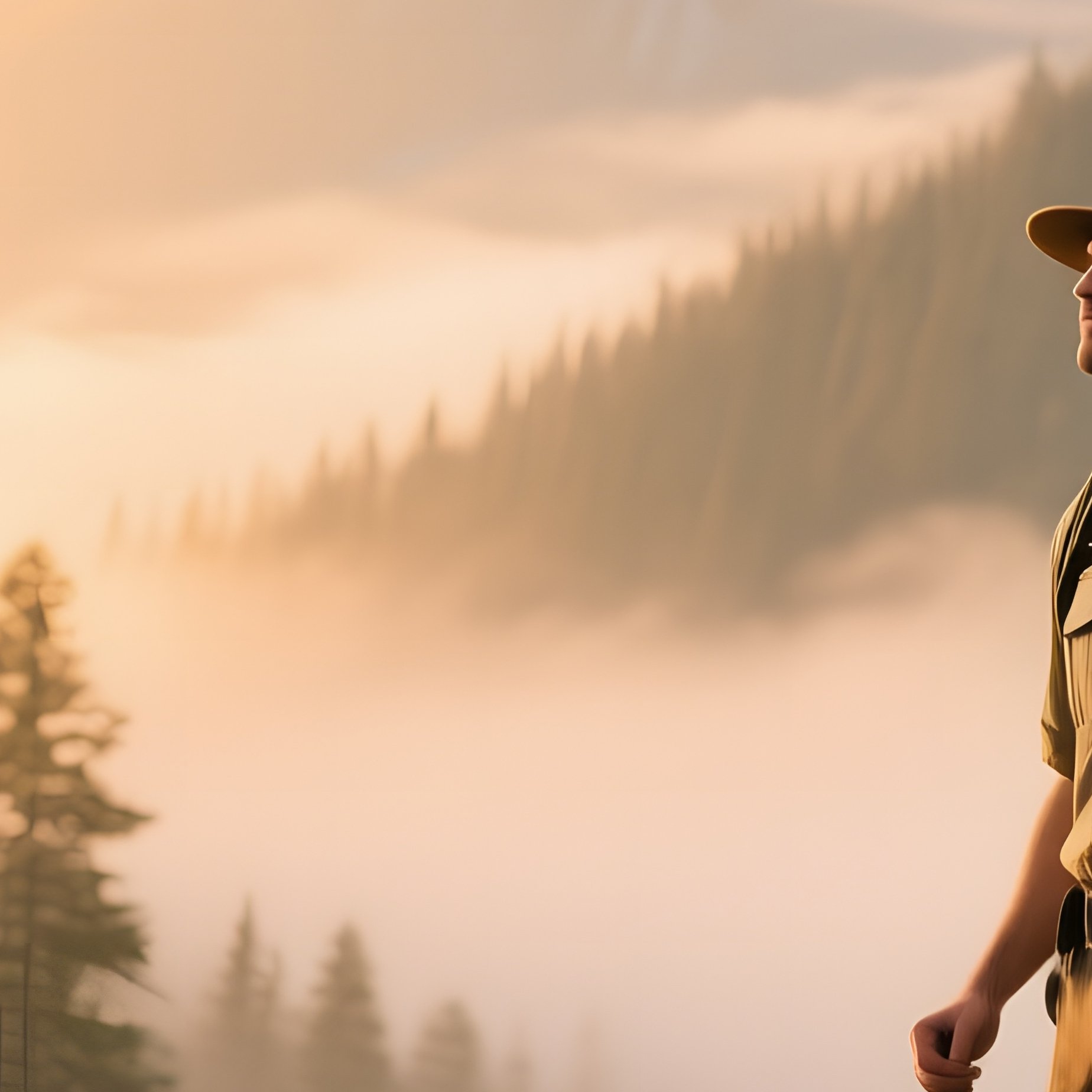 A Mountain Ranger With A Practical Short Cut Stands Beside A Pine Forest Trail At Sunrise, Mist - Full Resolution Quality Preview