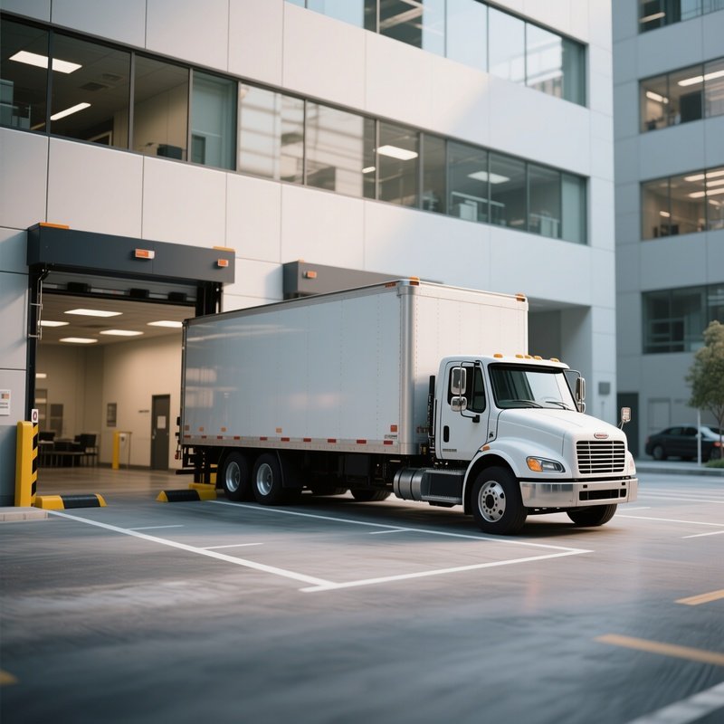 A Moving Truck Parked Beside An Office Building Interior Loading Zone