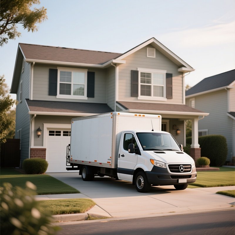 A Moving Van Parked In Front Of A Suburban House During A Relocation