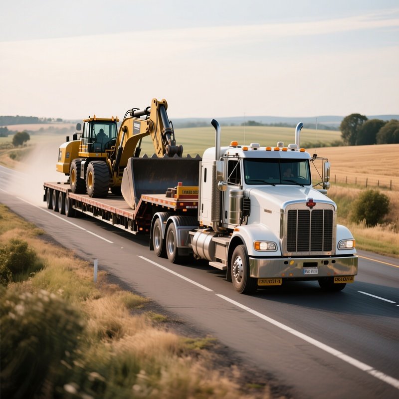 A Multi Axle Lowboy Trailer Moving Heavy Machinery Across A Rural Highway