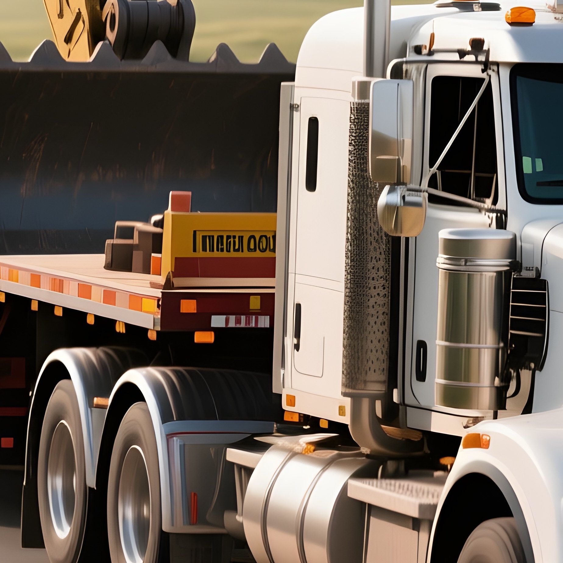 A Multi Axle Lowboy Trailer Moving Heavy Machinery Across A Rural Highway - Full Resolution Quality Preview
