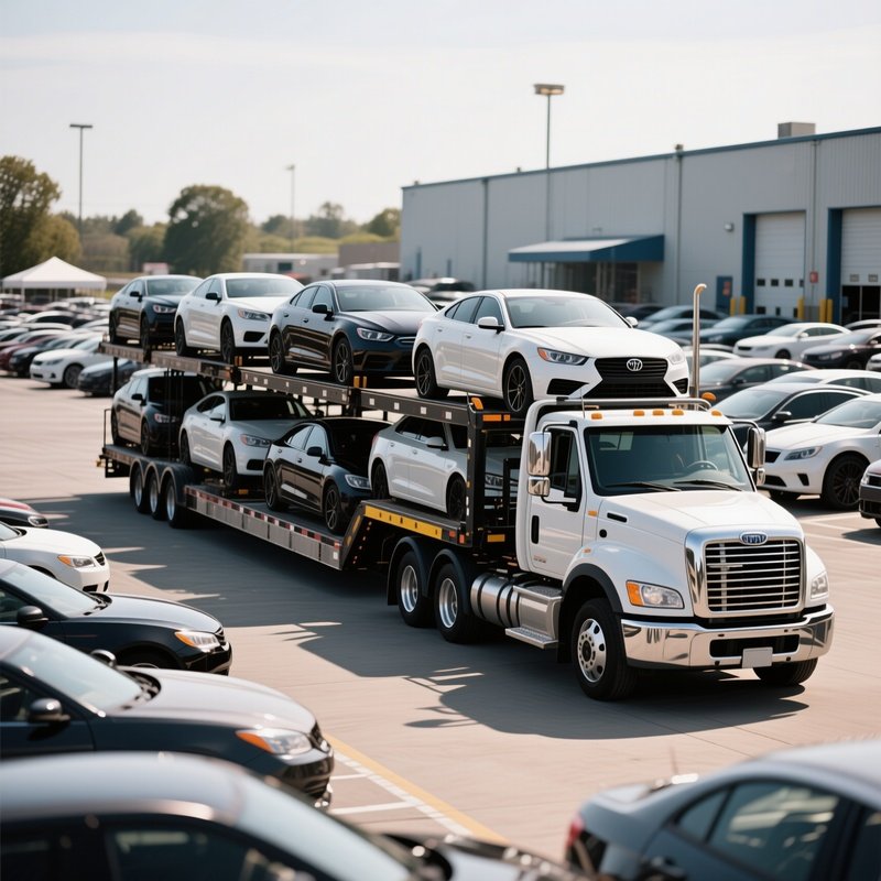 A Multi Car Hauler Leaving An Automotive Auction Yard