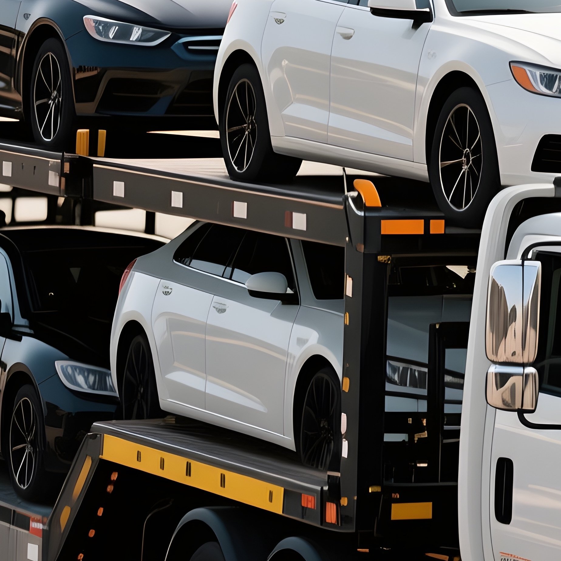 A Multi Car Hauler Leaving An Automotive Auction Yard - Full Resolution Quality Preview