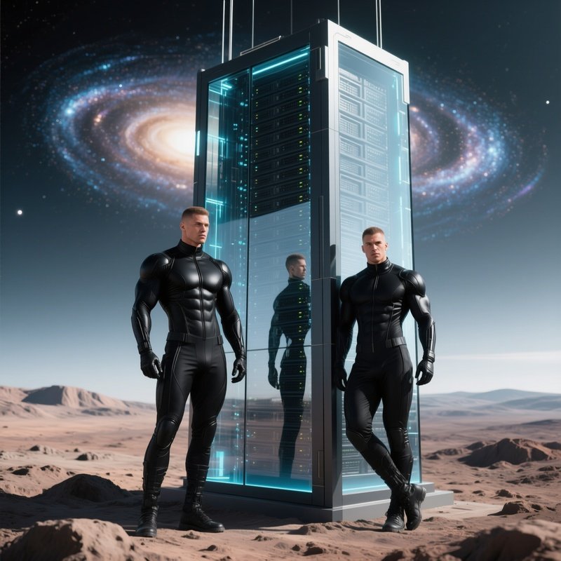 A Muscular Man In A Form‑Fitted Black Tech‑Wear Suit Poses Beside A Massive Holographic Server