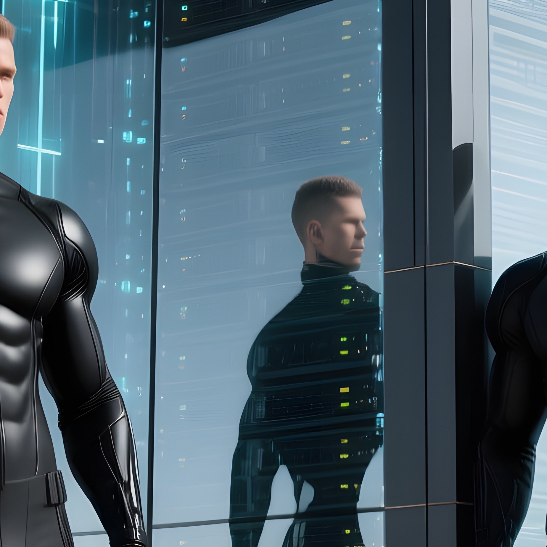 A Muscular Man In A Form‑Fitted Black Tech‑Wear Suit Poses Beside A Massive Holographic Server - Full Resolution Quality Preview
