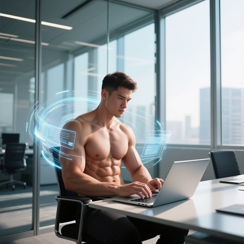 A Muscular Six‑Pack Man In A Sleek Glass Office Cubicle, Sunlight Streaming Through