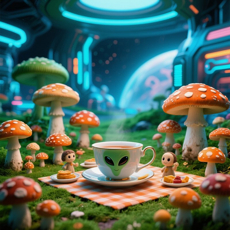 A Mushroom Family Having A Picnic Under A Teacup 2