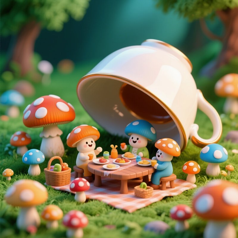 A Mushroom Family Having A Picnic Under A Teacup