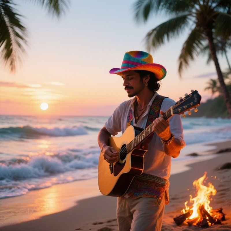 A Musician In A Colorful Panama Hat Strums An Acoustic Guitar On A Tropical Beach At Sunset, Waves