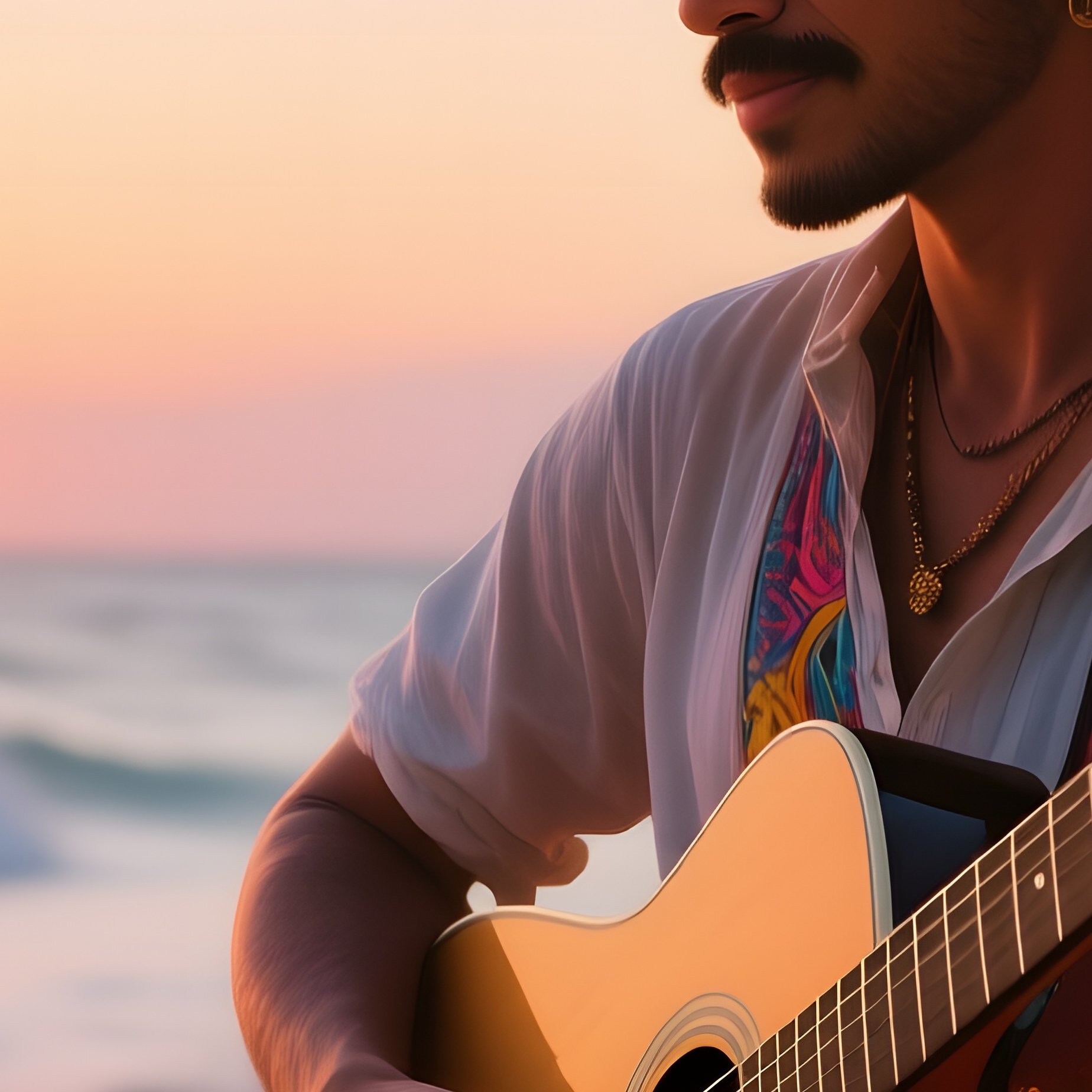 A Musician In A Colorful Panama Hat Strums An Acoustic Guitar On A Tropical Beach At Sunset, Waves - Full Resolution Quality Preview