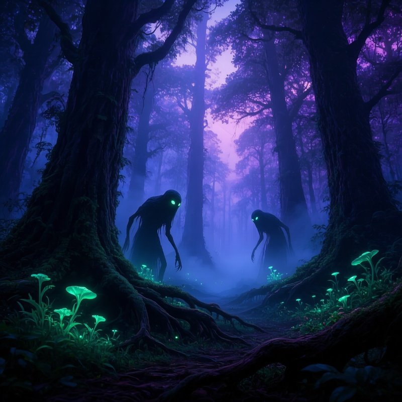 A Mystical Forest At Dusk With Glowing Creatures