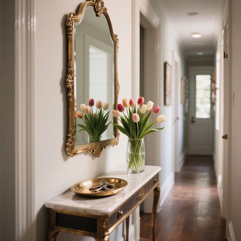 A Narrow, Elegant Hallway Console Table With A Large Mirror Hanging Above It, Styled With A Decorative Brass Tray For Keys And A Fresh Bouquet Of Tulips In A Glass Vase.