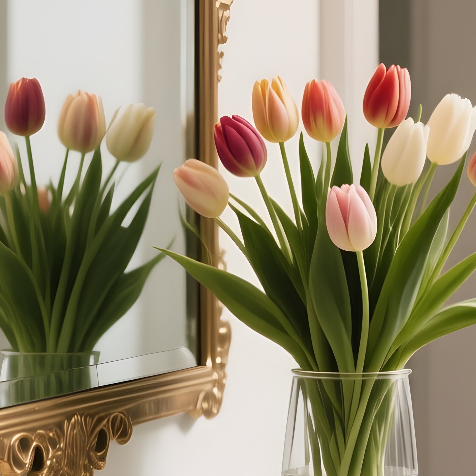 A Narrow, Elegant Hallway Console Table With A Large Mirror Hanging Above It, Styled With A Decorative Brass Tray For Keys And A Fresh Bouquet Of Tulips In A Glass Vase. - Full Resolution Quality Preview