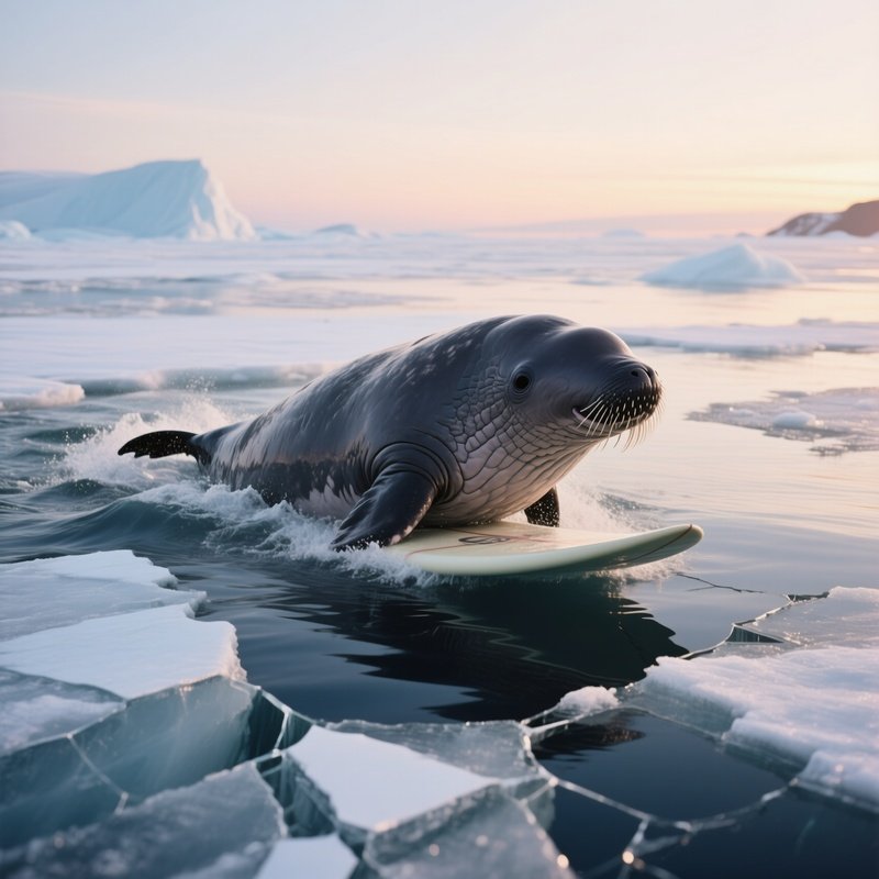 A Narwhal Surfacing Through Cracked Arctic Ice At Dawn.