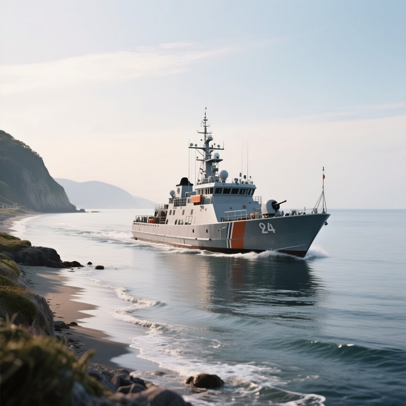 A Naval Patrol Boat Cruising Along A Calm Coastal Route