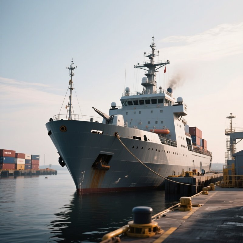 A Naval Support Vessel Anchored Near A Supply Pier
