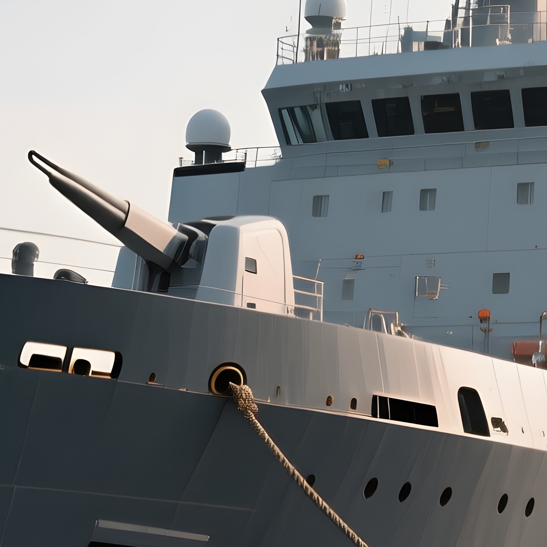 A Naval Support Vessel Anchored Near A Supply Pier - Full Resolution Quality Preview