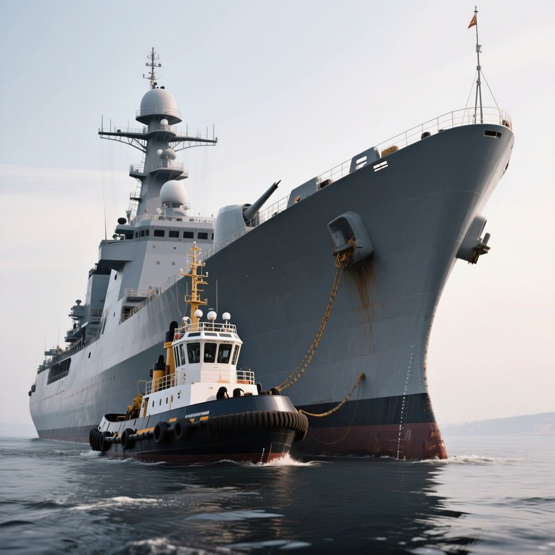 A Naval Tug Repositioning A Large Gray Warship