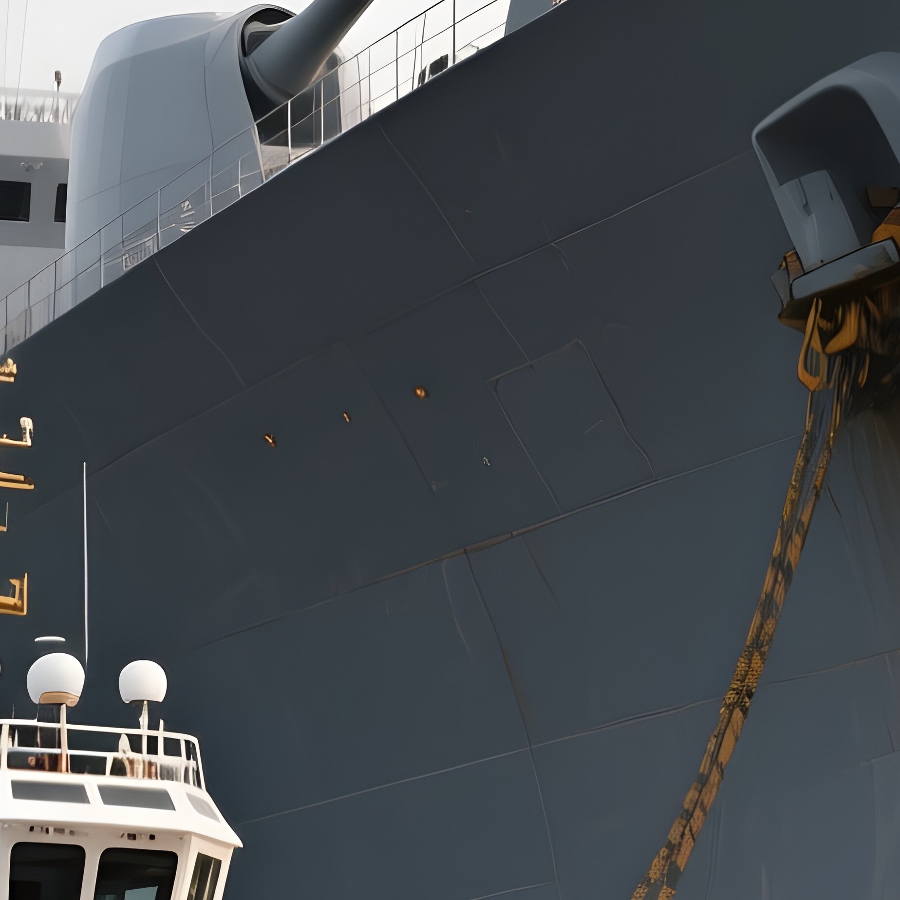 A Naval Tug Repositioning A Large Gray Warship - Full Resolution Quality Preview