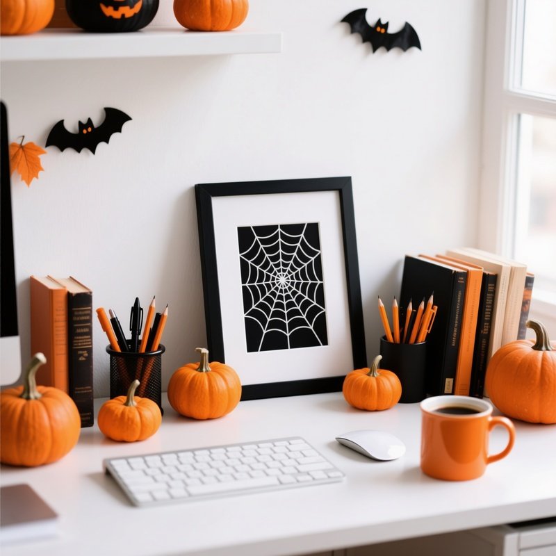 A Neatly Arranged Desk Setup With A Spider Web Picture Frame As