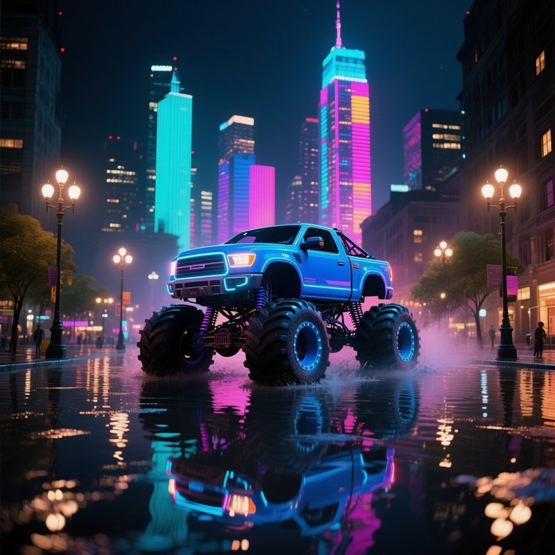 A Neon Blue Monster Truck Powers Across A Flooded City Square At Night, Streetlights Reflecting Off
