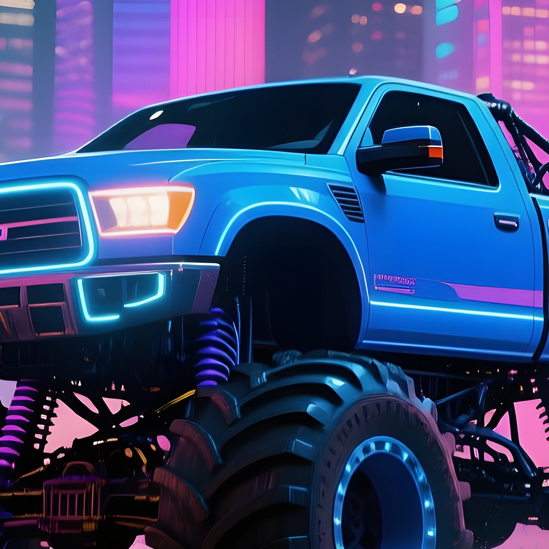 A Neon Blue Monster Truck Powers Across A Flooded City Square At Night, Streetlights Reflecting Off - Full Resolution Quality Preview